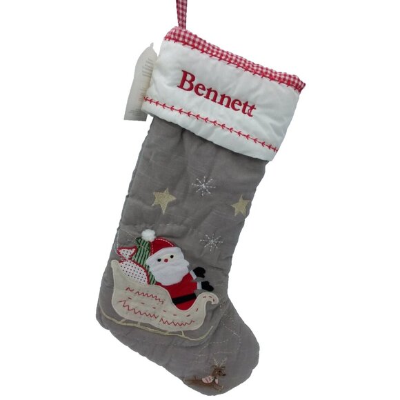 Pottery Barn Kids Stocking Santa Sleigh Bennett Holiday Christmas Quilted Grey - Picture 9 of 10
